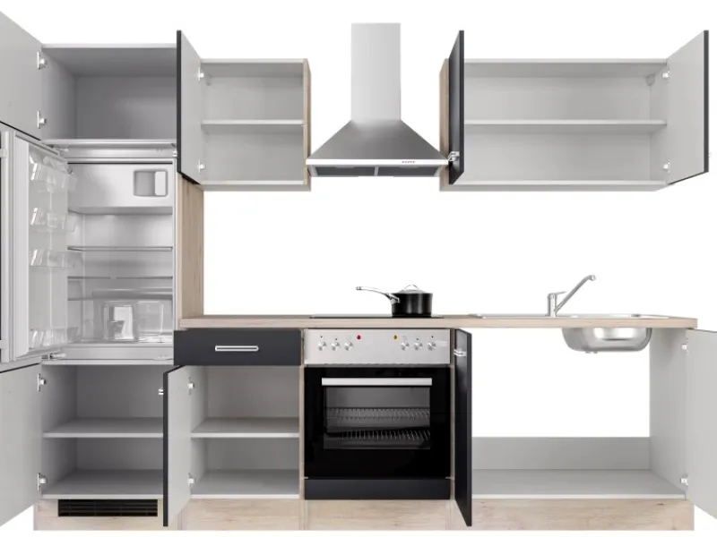 Clearance Flex-Well Exclusiv Küchenzeile Lara 270 cm Anthrazit - San Remo Eiche