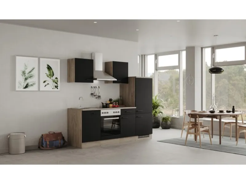 Best Flex-Well Exclusiv Küchenzeile Capri 220 cm Schwarz Matt-Endgrain Oak