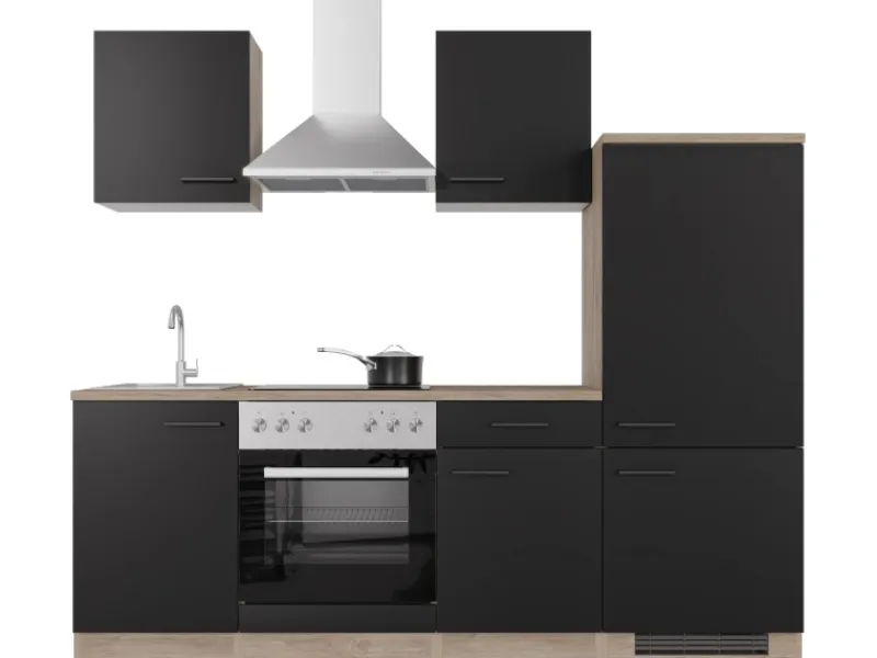 Best Flex-Well Exclusiv Küchenzeile Capri 220 cm Schwarz Matt-Endgrain Oak