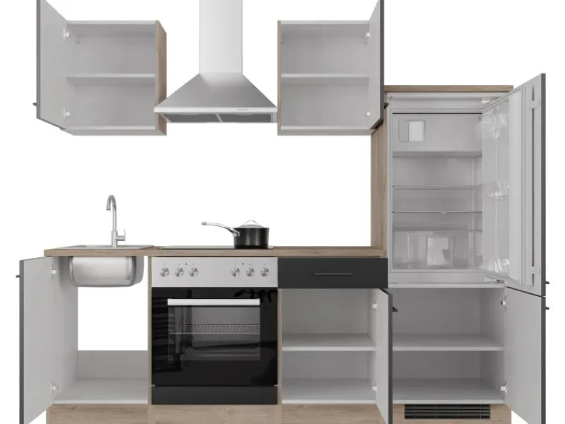 Best Flex-Well Exclusiv Küchenzeile Capri 220 cm Schwarz Matt-Endgrain Oak