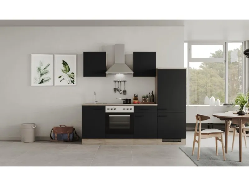 Best Flex-Well Exclusiv Küchenzeile Capri 220 cm Schwarz Matt-Endgrain Oak