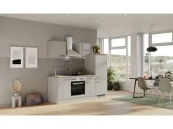 Flex-Well Exclusiv Küchenzeile 1706-002 Lund 220 cm Lichtgrau glänzend-Rauchgrau< Kochfelder|Kühlschränke