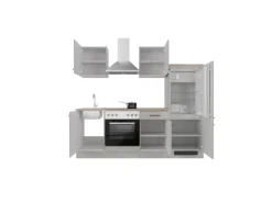 Flex-Well Exclusiv Küchenzeile 1706-002 Lund 220 cm Lichtgrau glänzend-Rauchgrau< Kochfelder|Kühlschränke