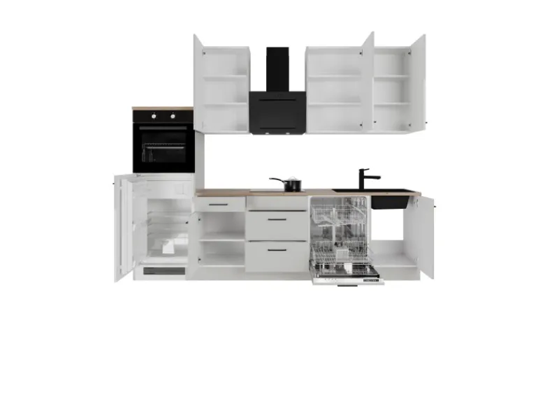 Clearance Flex-Well Exclusiv Küchenzeile Lund 280 cm Lichtgrau glänzend-Rauchgrau