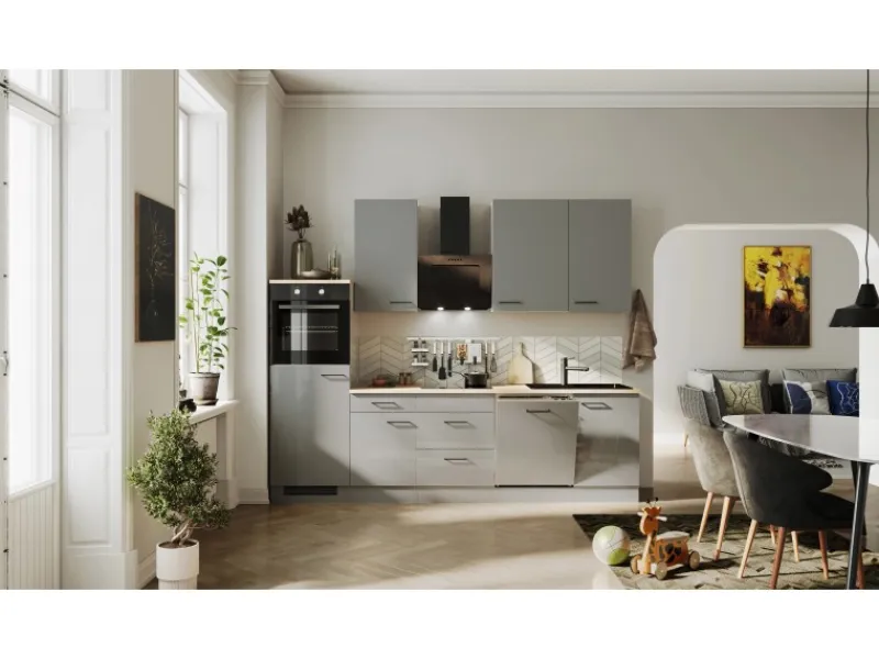 Clearance Flex-Well Exclusiv Küchenzeile Lund 280 cm Lichtgrau glänzend-Rauchgrau