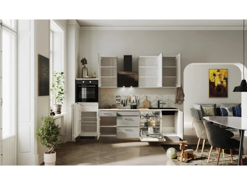 Clearance Flex-Well Exclusiv Küchenzeile Lund 280 cm Lichtgrau glänzend-Rauchgrau