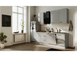 Clearance Flex-Well Exclusiv Küchenzeile Lund 280 cm Lichtgrau glänzend-Rauchgrau