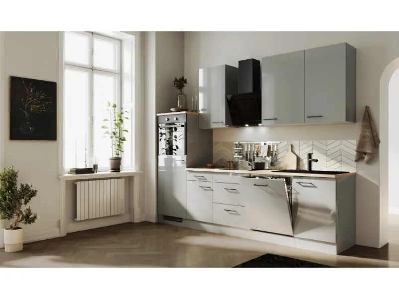 Clearance Flex-Well Exclusiv Küchenzeile Lund 280 cm Lichtgrau glänzend-Rauchgrau