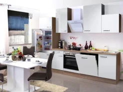 Flex-Well Exclusiv Küchenzeile Valero 280 cm Hochglanz Weiß-Sonoma Eiche< Kühlschränke|Einbauküchen