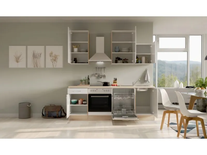 Flex-Well Exclusiv Küchenzeile Valero 220 cm Hochglanz Weiß - Sonoma Eiche< Einbauküchen|Herde