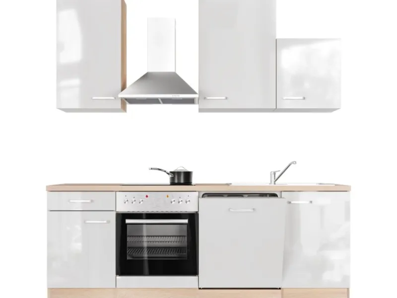 Flex-Well Exclusiv Küchenzeile Valero 220 cm Hochglanz Weiß - Sonoma Eiche< Einbauküchen|Herde