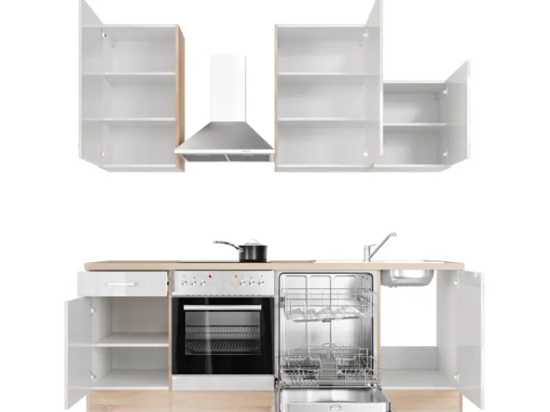 Flex-Well Exclusiv Küchenzeile Valero 220 cm Hochglanz Weiß - Sonoma Eiche< Einbauküchen|Herde