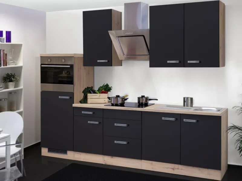 Flex-Well Exclusiv Küchenzeile Lara 270 cm Anthrazit-San Remo Eiche NB< Kühlschränke|Kochfelder