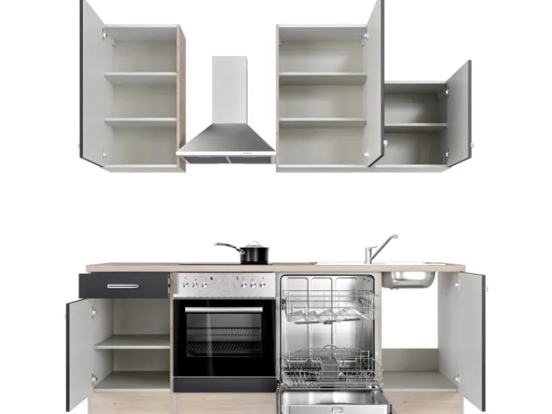 Flex-Well Exclusiv Herde<Küchenzeile Lara 220 cm Anthrazit - San Remo Eiche
