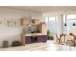 Flex-Well Exclusiv Küchenzeile Focus 220 cm Akazie - Aubergine< Herde|Kühlschränke