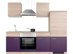 Flex-Well Exclusiv Küchenzeile Focus 220 cm Akazie - Aubergine< Herde|Kühlschränke