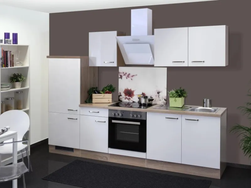 Flex-Well Exclusiv Herde|Kochfelder<Küchenzeile Valero 270 cm Hochglanz Weiß-Sonoma Eiche