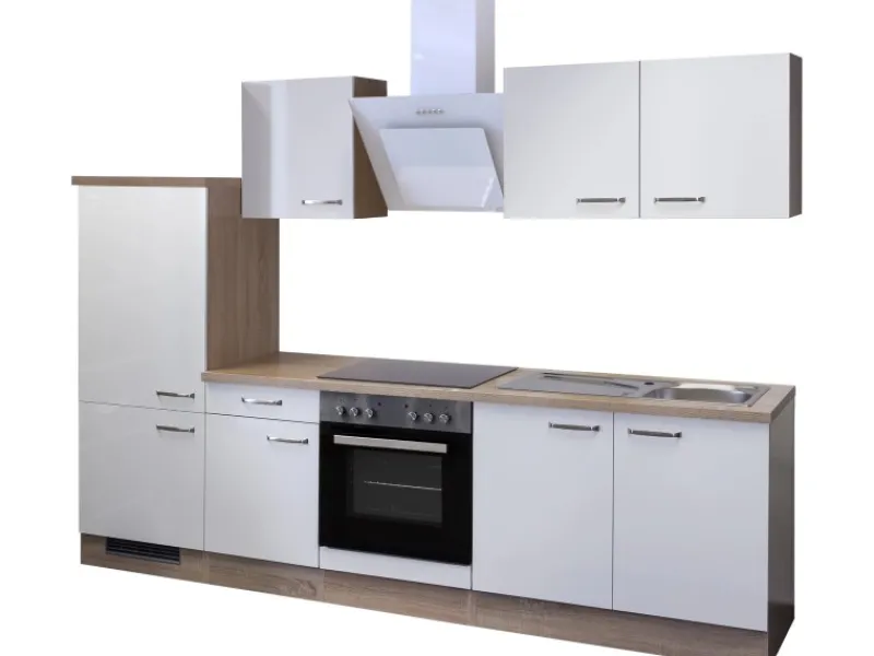 Flex-Well Exclusiv Herde|Kochfelder<Küchenzeile Valero 270 cm Hochglanz Weiß-Sonoma Eiche