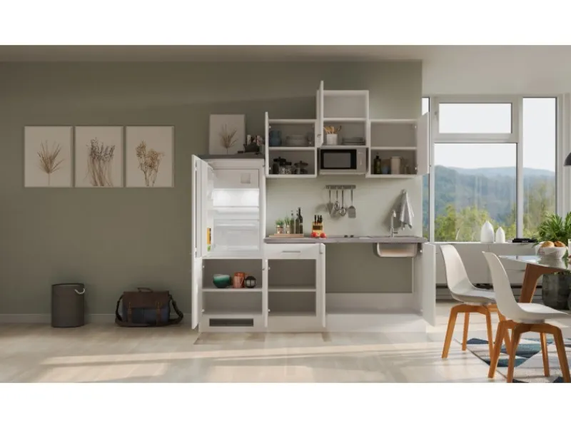 Flex-Well Exclusiv Küchenzeile Joelina 210 cm Weiß matt - Beton Grau< Single-Küchen|Kühlschränke
