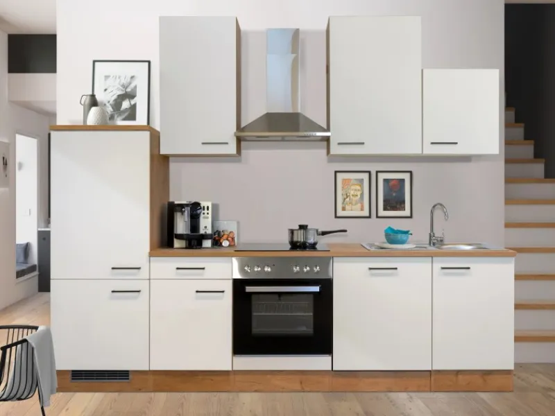 Flex-Well Exclusiv Küchenzeile Vintea 280 cm Magnolia-Lancelot Oak< Kühlschränke