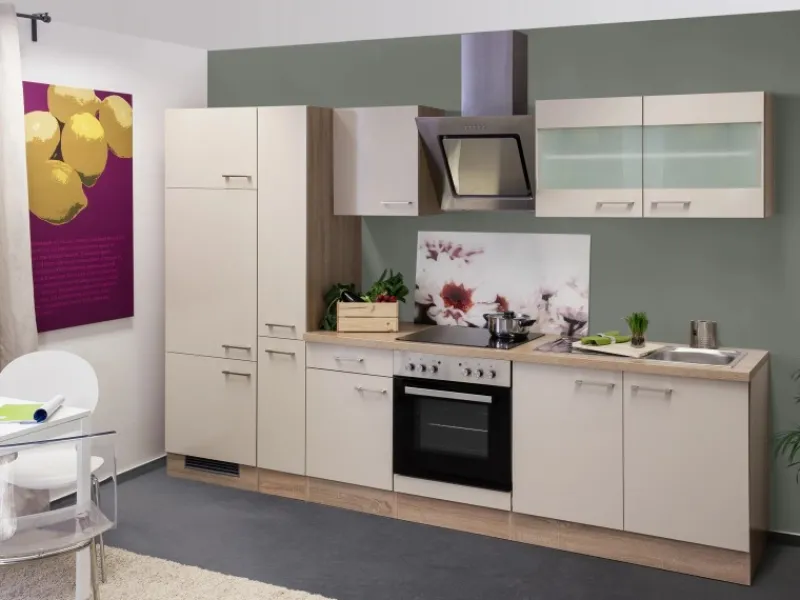 Discount Flex-Well Exclusiv Küchenzeile Orlando 300 cm Kaschmir Glanz-Sonoma Eiche