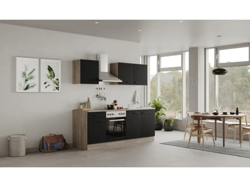 Outlet Flex-Well Exclusiv Küchenzeile Capri 210 cm Schwarz Matt-Endgrain Oak