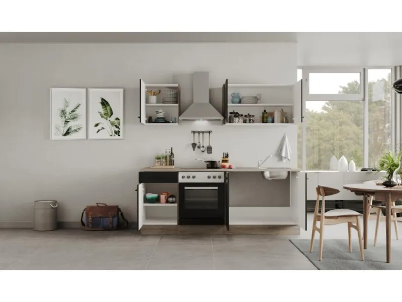 Outlet Flex-Well Exclusiv Küchenzeile Capri 210 cm Schwarz Matt-Endgrain Oak