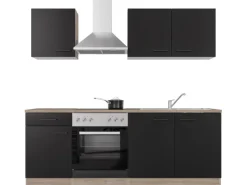 Outlet Flex-Well Exclusiv Küchenzeile Capri 210 cm Schwarz Matt-Endgrain Oak