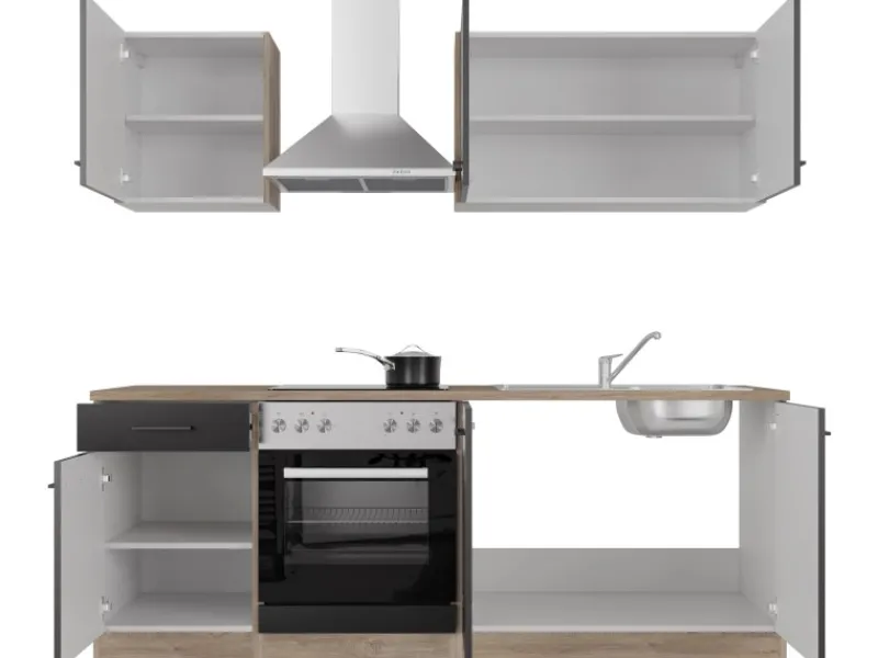 Outlet Flex-Well Exclusiv Küchenzeile Capri 210 cm Schwarz Matt-Endgrain Oak