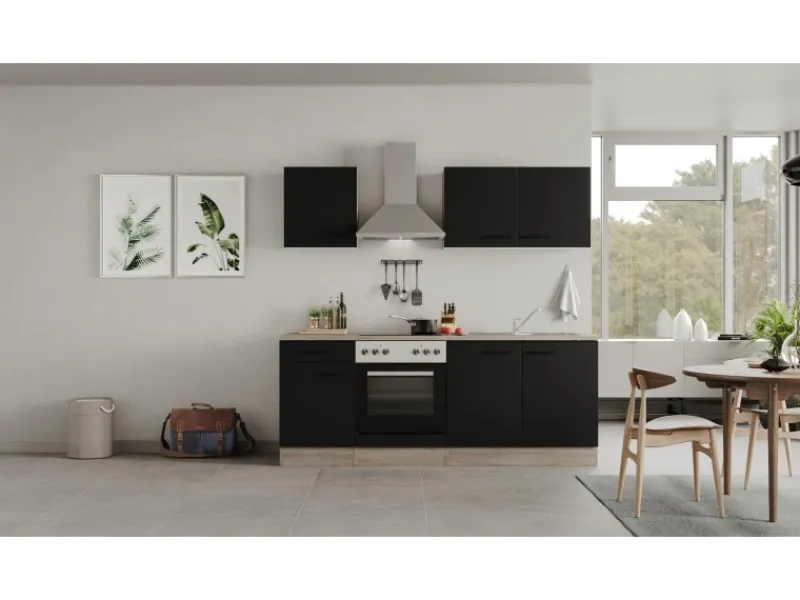 Outlet Flex-Well Exclusiv Küchenzeile Capri 210 cm Schwarz Matt-Endgrain Oak