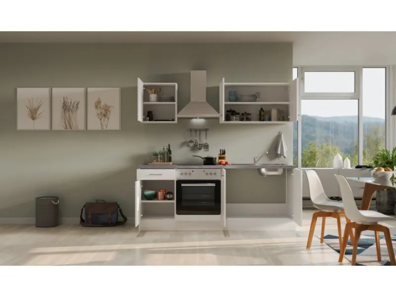Flex-Well Exclusiv Kochfelder<Küchenzeile Joelina 210 cm Weiß matt - Beton Grau