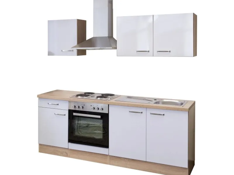 New Flex-Well Exclusiv Küchenzeile Valero 210 cm Hochglanz Weiß-Sonoma Eiche