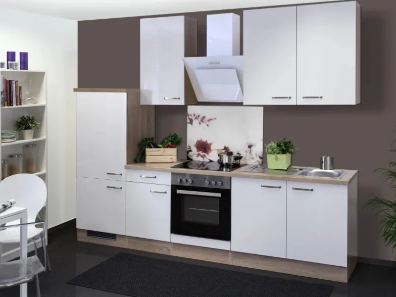 Outlet Flex-Well Exclusiv Küchenzeile Valero 270 cm Hochglanz Weiß-Sonoma Eiche