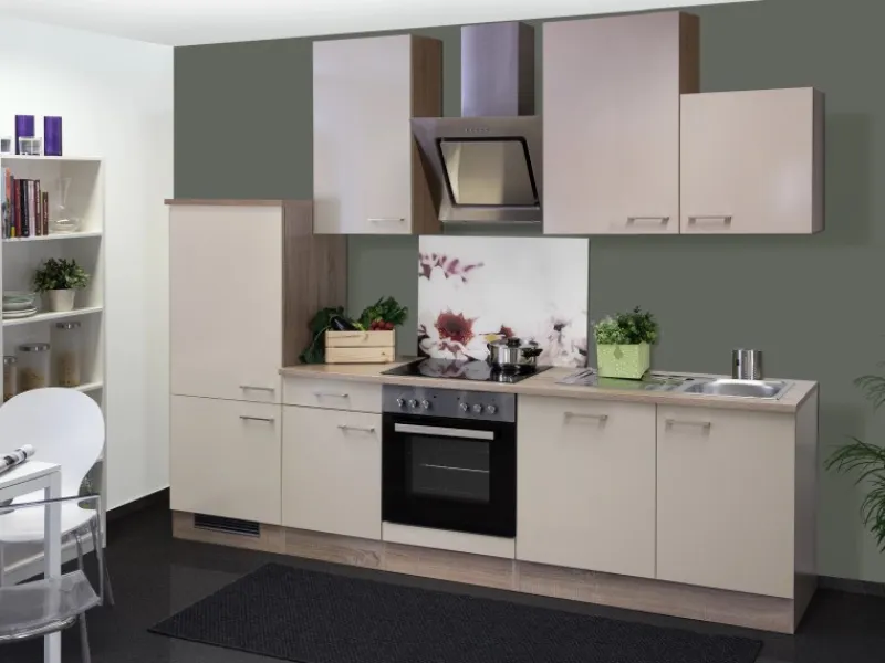 Flex-Well Exclusiv Kühlschränke|Einbauküchen<Küchenzeile Orlando 280 cm Kaschmir Glanz-Sonoma Eiche