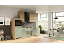 Flex-Well Exclusiv Küchenzeile Cara 280 cm Schilfgrün matt - Artisan Eiche< Kühlschränke|Kochfelder