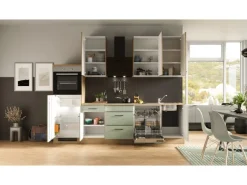 Flex-Well Exclusiv Küchenzeile Cara 280 cm Schilfgrün matt - Artisan Eiche< Kühlschränke|Kochfelder