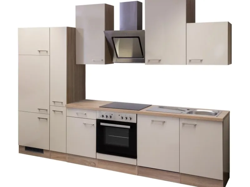 Flex-Well Exclusiv Küchenzeile Orlando 310 cm Kaschmir Glanz-Sonoma Eiche< Kühlschränke|Einbauküchen