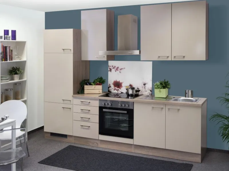 Clearance Flex-Well Exclusiv Küchenzeile Orlando 270 cm Kaschmir Glanz-Sonoma Eiche
