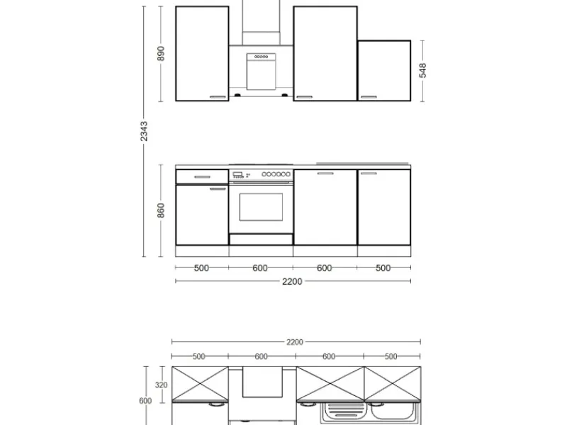 Flex-Well Exclusiv Küchenzeile Orlando 220 cm Kaschmir Glanz - Sonoma Eiche< Küchenschränke|Einbauküchen