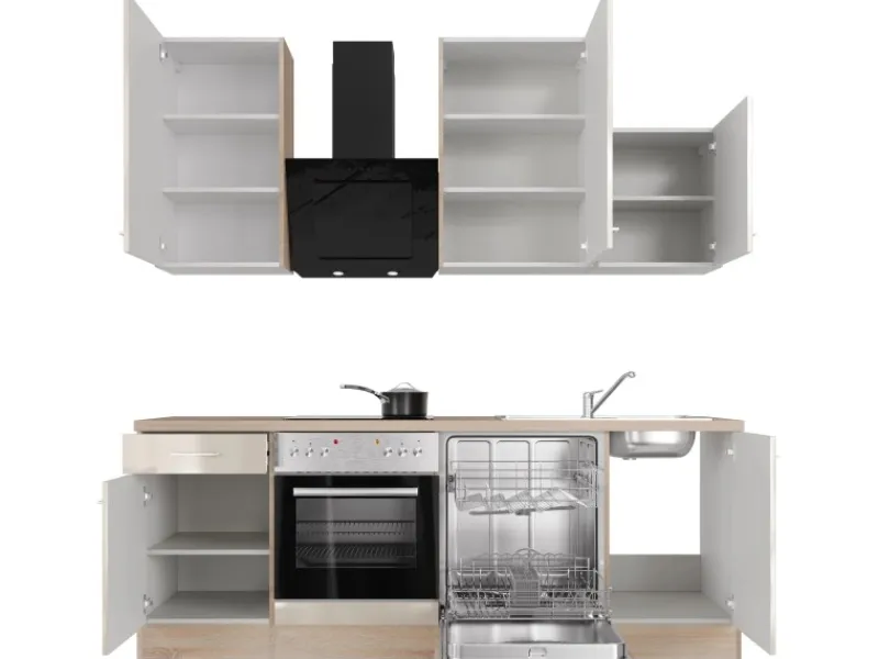 Flex-Well Exclusiv Küchenzeile Orlando 220 cm Kaschmir Glanz - Sonoma Eiche< Küchenschränke|Einbauküchen