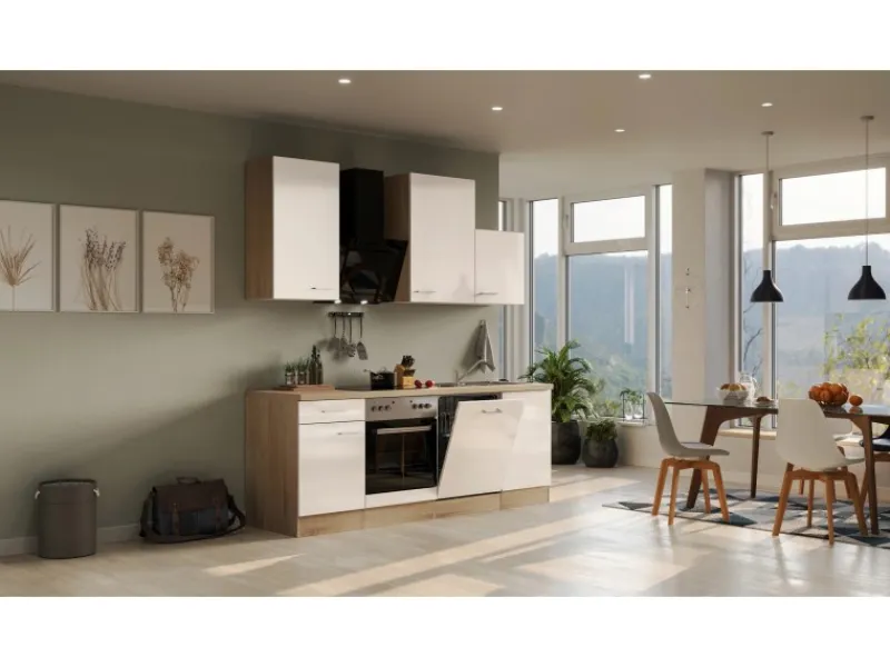 Flex-Well Exclusiv Küchenzeile Orlando 220 cm Kaschmir Glanz - Sonoma Eiche< Küchenschränke|Einbauküchen