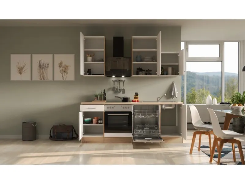 Flex-Well Exclusiv Küchenzeile Orlando 220 cm Kaschmir Glanz - Sonoma Eiche< Küchenschränke|Einbauküchen