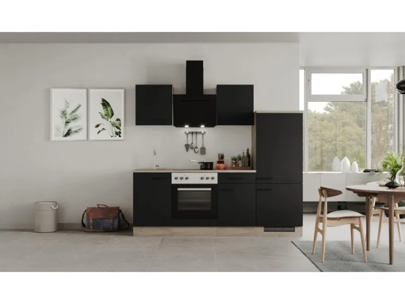 Outlet Flex-Well Exclusiv Küchenzeile Capri 220 cm Schwarz Matt-Endgrain Oak