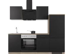 Outlet Flex-Well Exclusiv Küchenzeile Capri 220 cm Schwarz Matt-Endgrain Oak