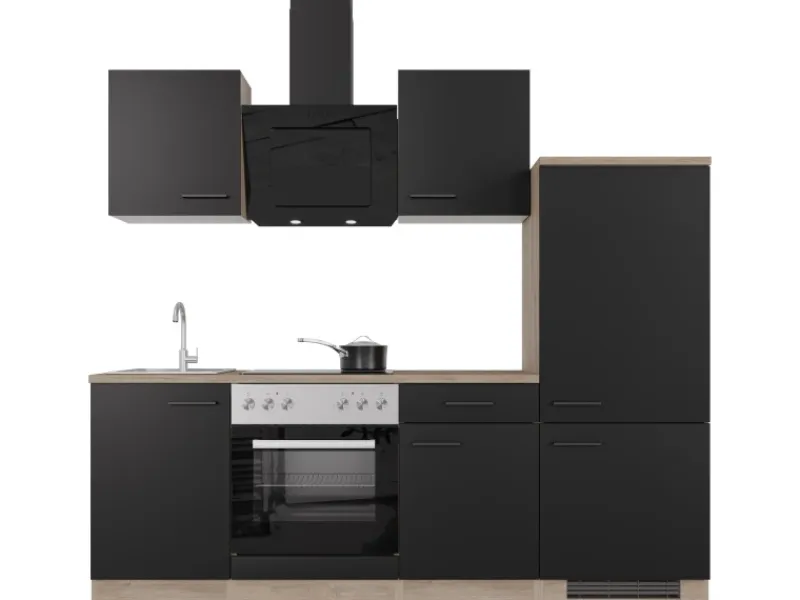Outlet Flex-Well Exclusiv Küchenzeile Capri 220 cm Schwarz Matt-Endgrain Oak