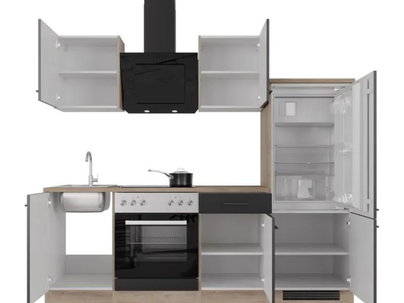 Outlet Flex-Well Exclusiv Küchenzeile Capri 220 cm Schwarz Matt-Endgrain Oak