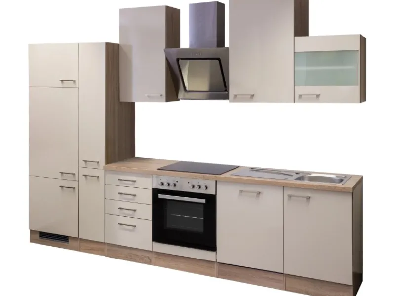 Flex-Well Exclusiv Einbauküchen|Kühlschränke<Küchenzeile Orlando 310 cm Kaschmir Glanz - Sonoma Eiche