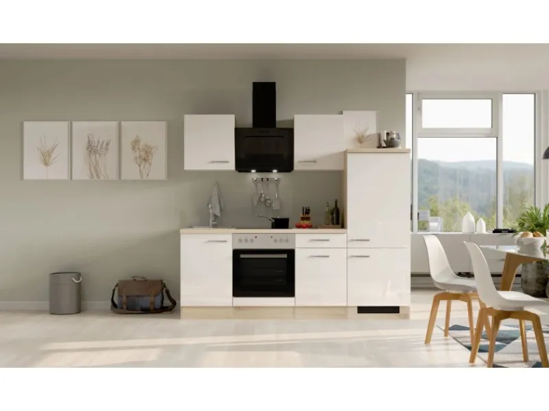 Outlet Flex-Well Exclusiv Küchenzeile Valero 220 cm Hochglanz Weiß - Sonoma Eiche