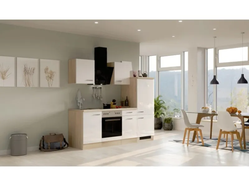 Outlet Flex-Well Exclusiv Küchenzeile Valero 220 cm Hochglanz Weiß - Sonoma Eiche