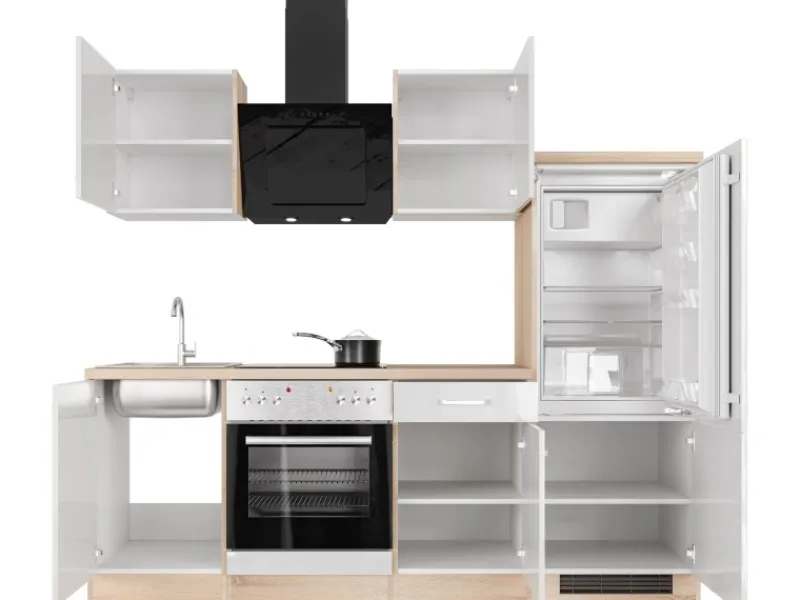 Outlet Flex-Well Exclusiv Küchenzeile Valero 220 cm Hochglanz Weiß - Sonoma Eiche